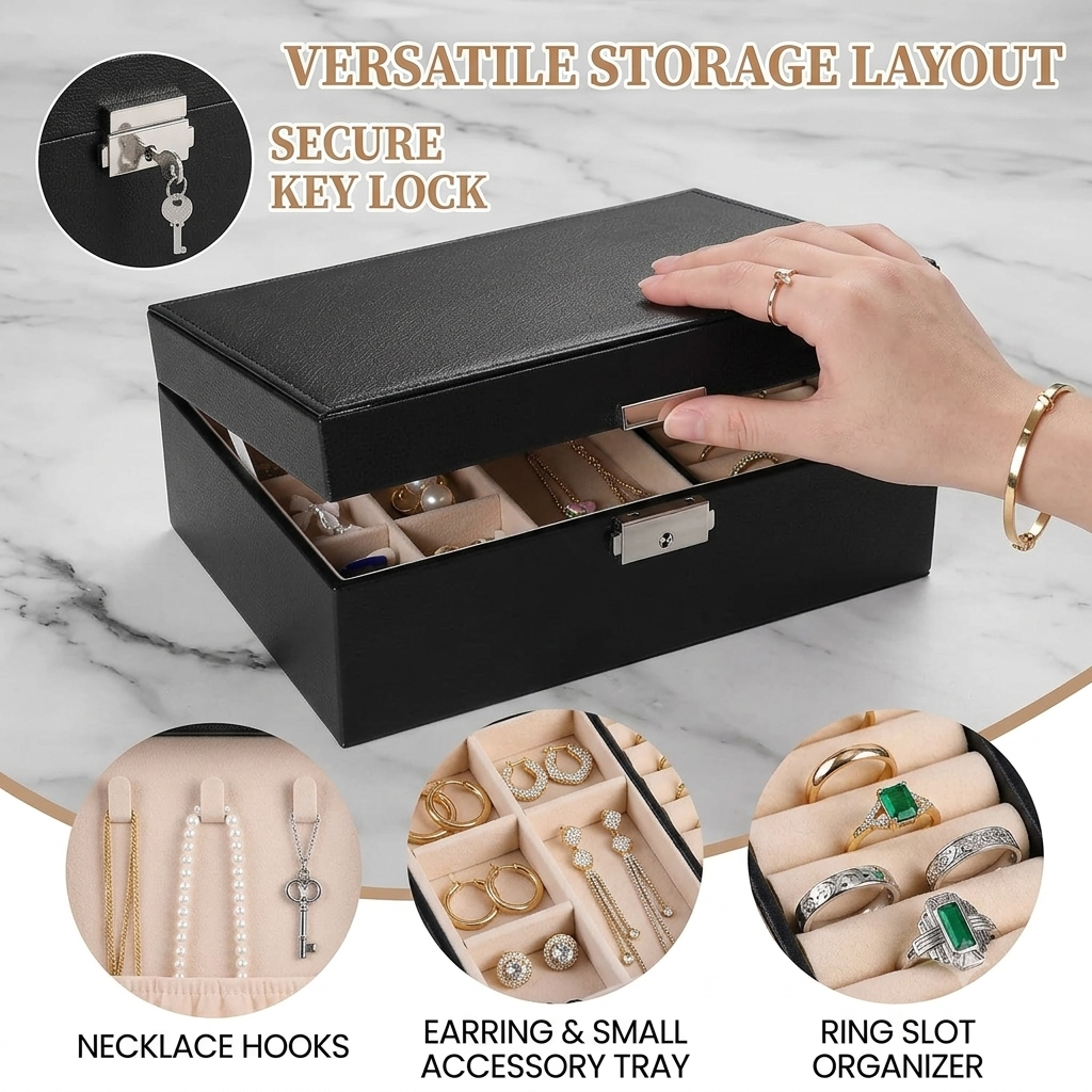 Wooden Jewellery Organiser Box – Double Layer | Rings, Earrings, Watch & Necklace Storage