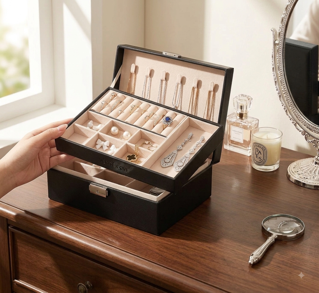 Wooden Jewellery Organiser Box – Double Layer | Rings, Earrings, Watch & Necklace Storage