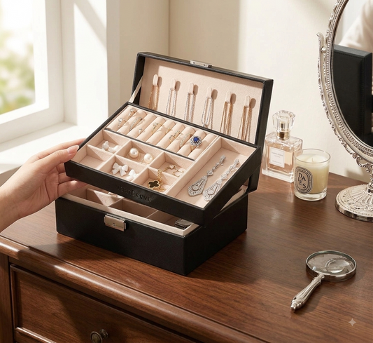 Wooden Jewellery Organiser Box – Double Layer | Rings, Earrings, Watch & Necklace Storage