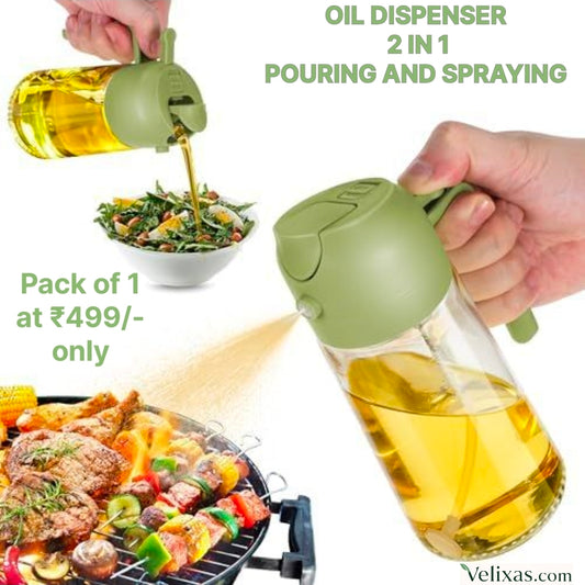 2 In 1 Oil Sprayer & Dispenser Bottle for Kitchen | Free steel straw | For Cooking, Salad, Air Fryer, Barbecue, Baking | Premium Glass Bottle