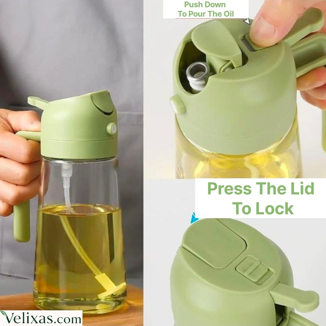 2 In 1 Oil Sprayer & Dispenser Bottle for Kitchen | Free steel straw | For Cooking, Salad, Air Fryer, Barbecue, Baking | Premium Glass Bottle
