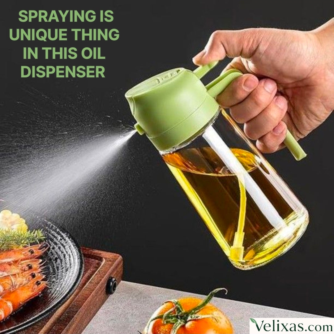 2 In 1 Oil Sprayer & Dispenser Bottle for Kitchen | Free steel straw | For Cooking, Salad, Air Fryer, Barbecue, Baking | Premium Glass Bottle